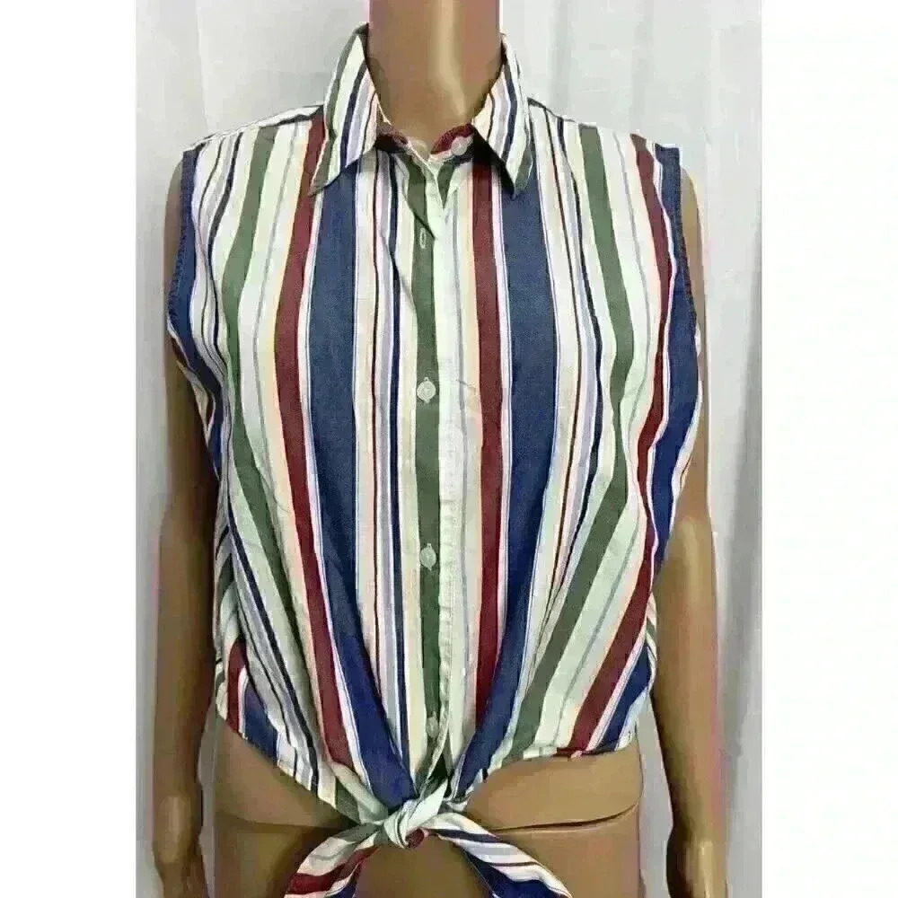 90s Striped Vintage Talbots Button Up Shirt Crop Top‎ Sleeveless Tie Front Sz L